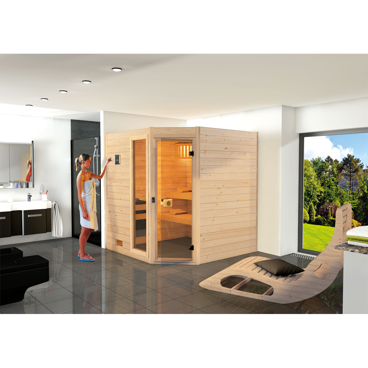 Weka Massivholzsauna Valida Eck 1.8 mit Glastür und Fenster ohne Ofen Bild 2