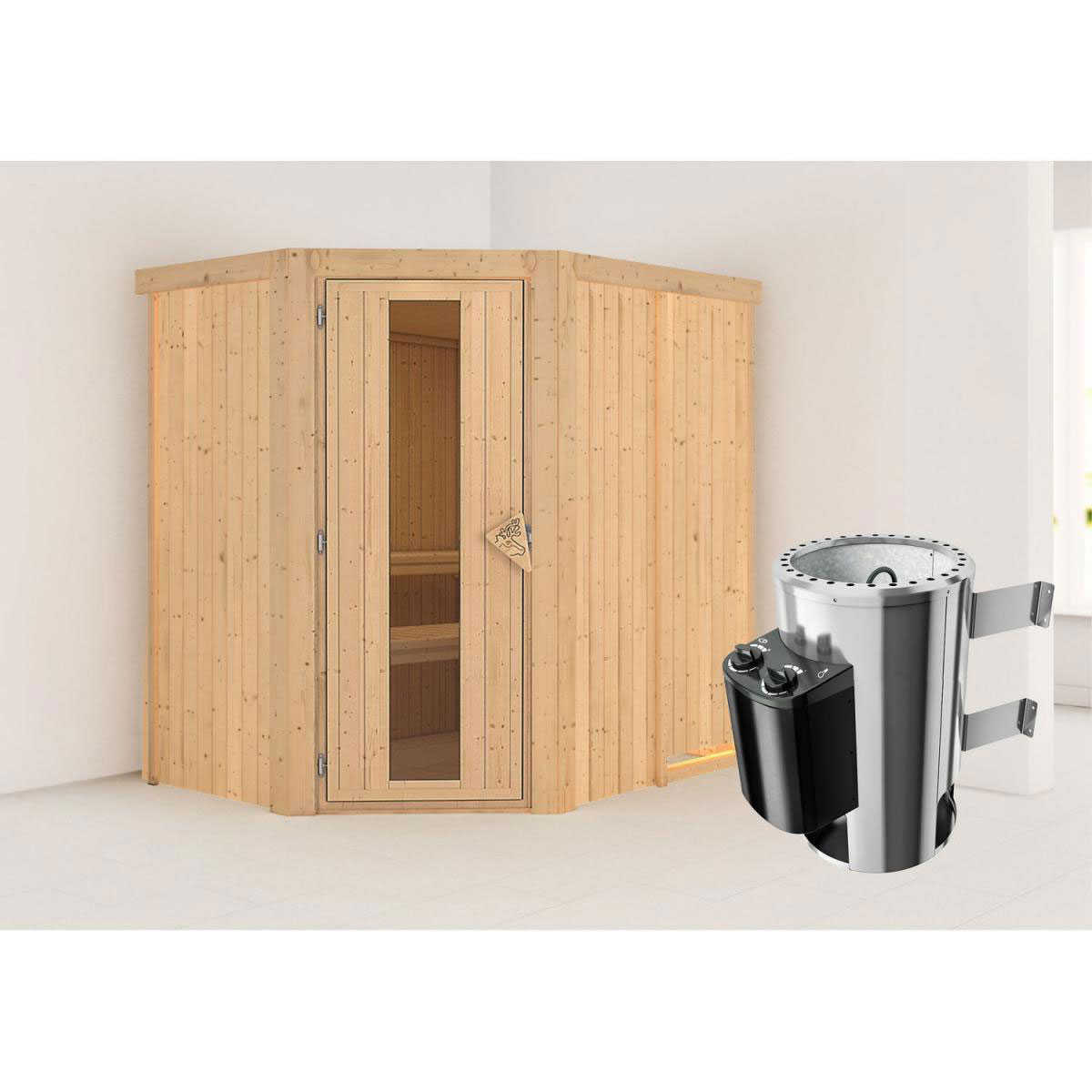 Karibu Sauna Saja Eckeinstieg 3,6 kW Ofen integr Strg kein Kranz Energiespartür Bild 5