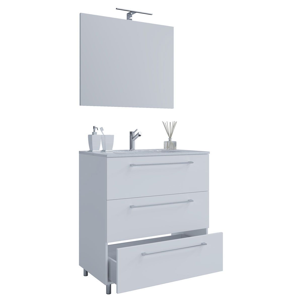 Stand-Waschplatz 80 cm 3-teilig 3 Schubfächer mit Spiegel weiß