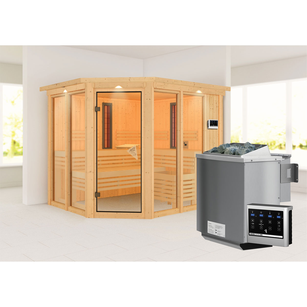 Karibu Infrarotkabine Ava mit Kranz naturbelassen Bio externe Steuerung