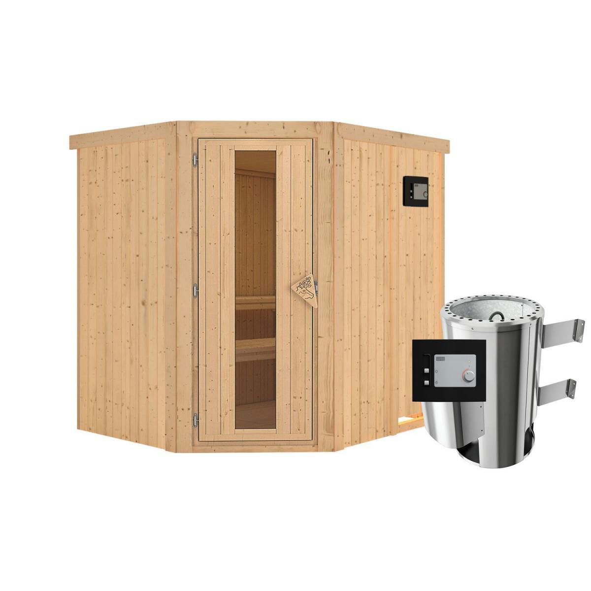 Karibu Sauna Lilja Eckeinstieg 3,6 kW Ofen externe Strg kein Kranz Klarglas-Tür Bild 1