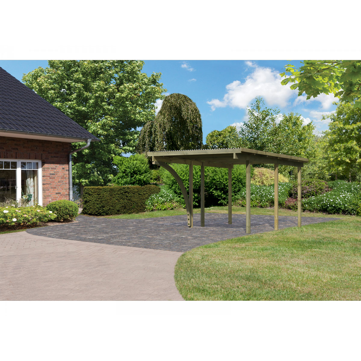 Karibu Einzelcarport Eco 1 Variante B inkl einem Einfahrtsbogen Tiefe 387 cm