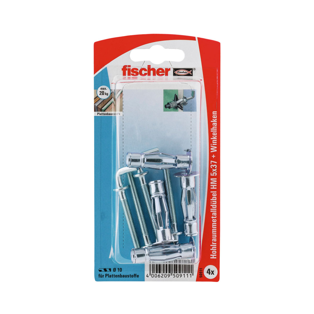 Fischer  Hohlraum-Metalldübel HM 5 x 37 mm mit Winkelhaken 4 Stück Fischer  Hohlraum-Metalldübel HM 5 x 37 mm mit Winkelhaken 4 Stück