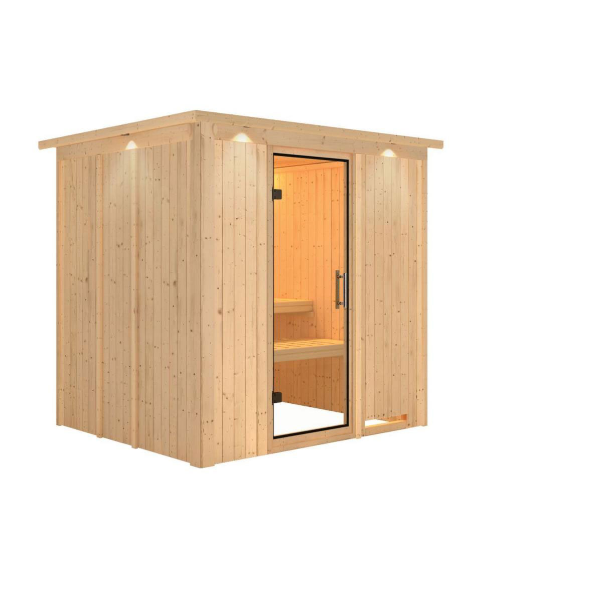Karibu Sauna Daria Fronteinstieg ohne Ofen mit Kranz Klarglas-Tür