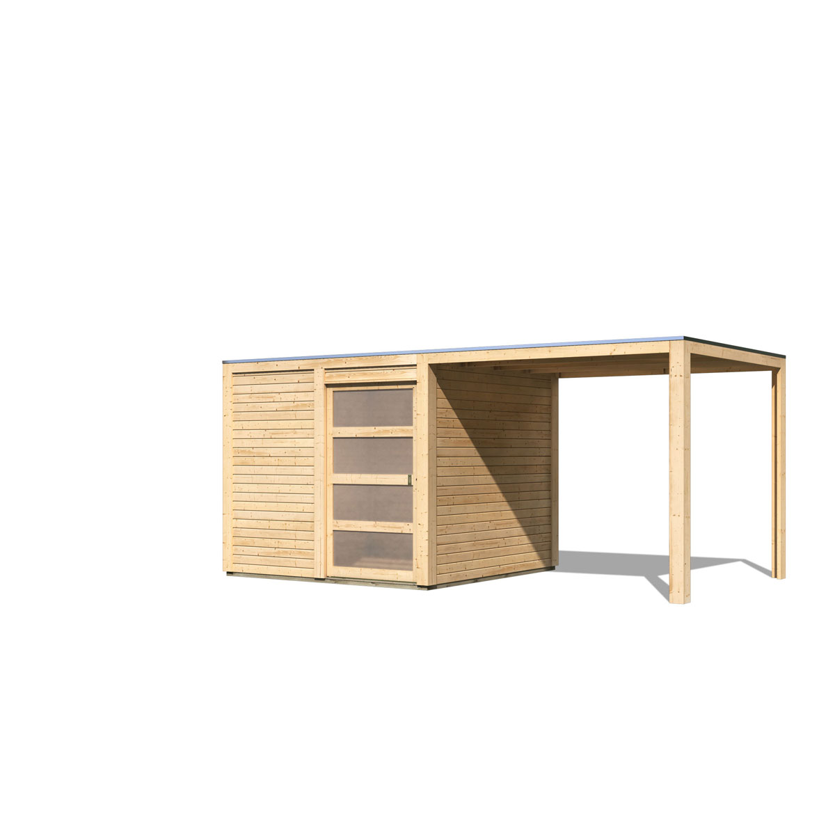 Karibu Gartenhaus Qubic mit Anbaudach naturbelassen