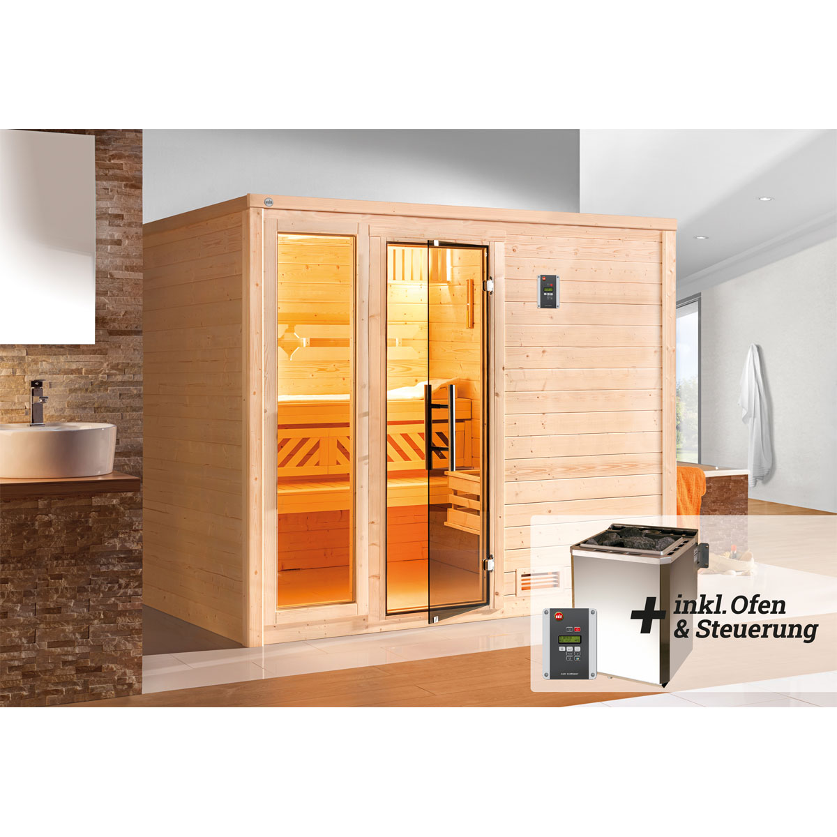 Weka  Premium Massivholz-Sauna Bergen Größe 3 Sparset 7,5 kW Bio S Glastuer Bild 6