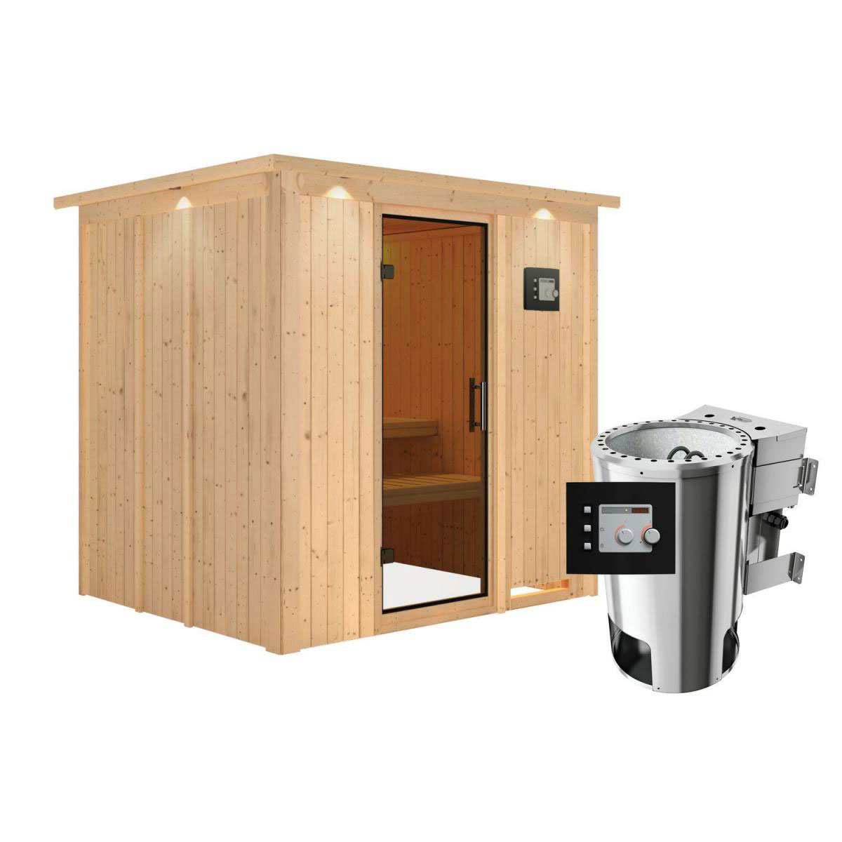 Karibu Sauna Daria Fronteinstieg 3,6 kW Bio Ofen externe Strg modern mit Kranz graphitfarbene Glastür Bild 1