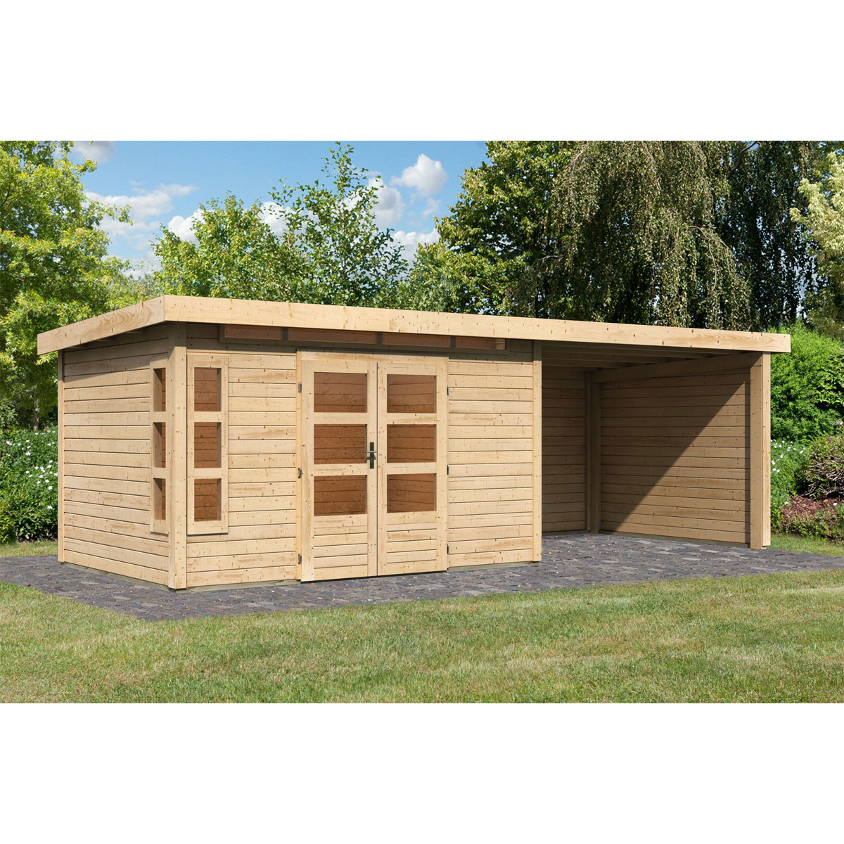 Karibu  Blockbohlenhaus Kastorf 6 naturbelassen mit Anbaudach und Seiten