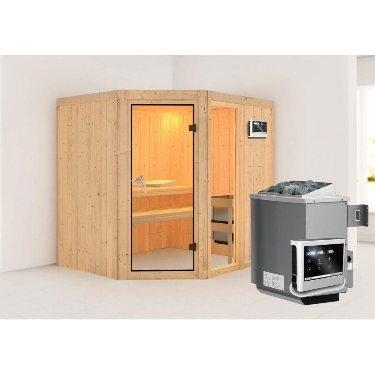 Karibu Systemsauna Fiona 2 68 mm 9 kW Ofen externe Strg modern ohne Dachkranz