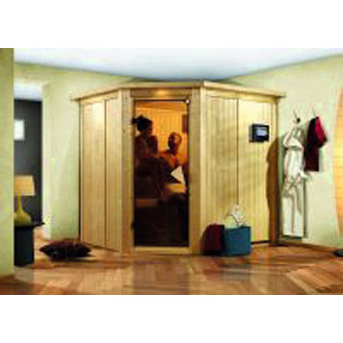 Karibu Systemsauna Lilja 68 mm 3,6 kW Ofen externe Strg modern mit Dachkranz