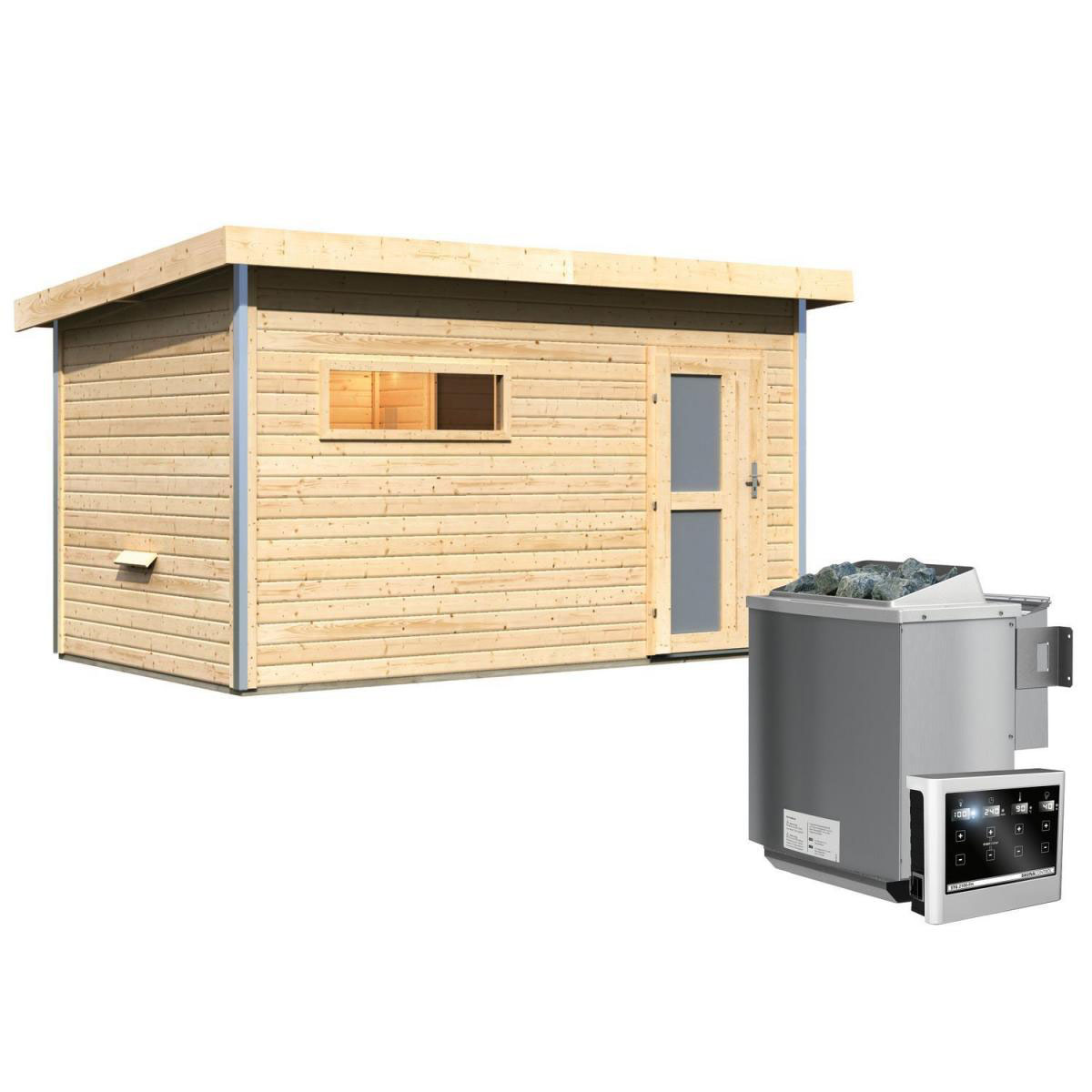 Karibu Saunahaus Skrollan 3 38 mm 9 kW Bio Ofen externe Strg Milchglastür Bild 1