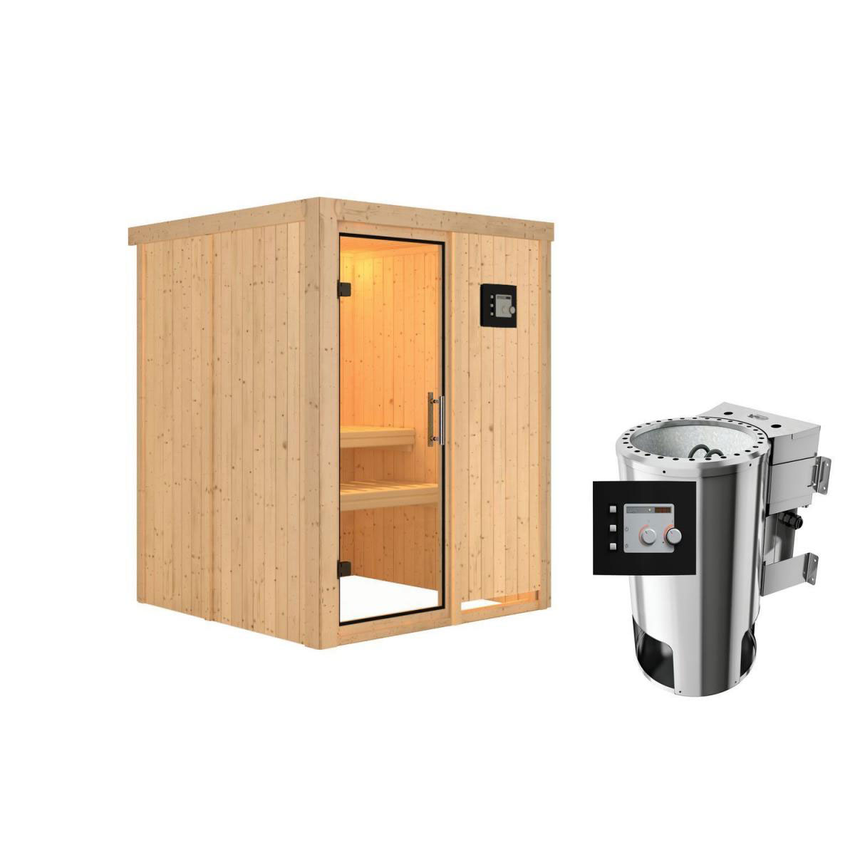 Karibu Sauna Minja Fronteinstieg 3,6 kW Bio Ofen kein Kranz Klarglas-Tür