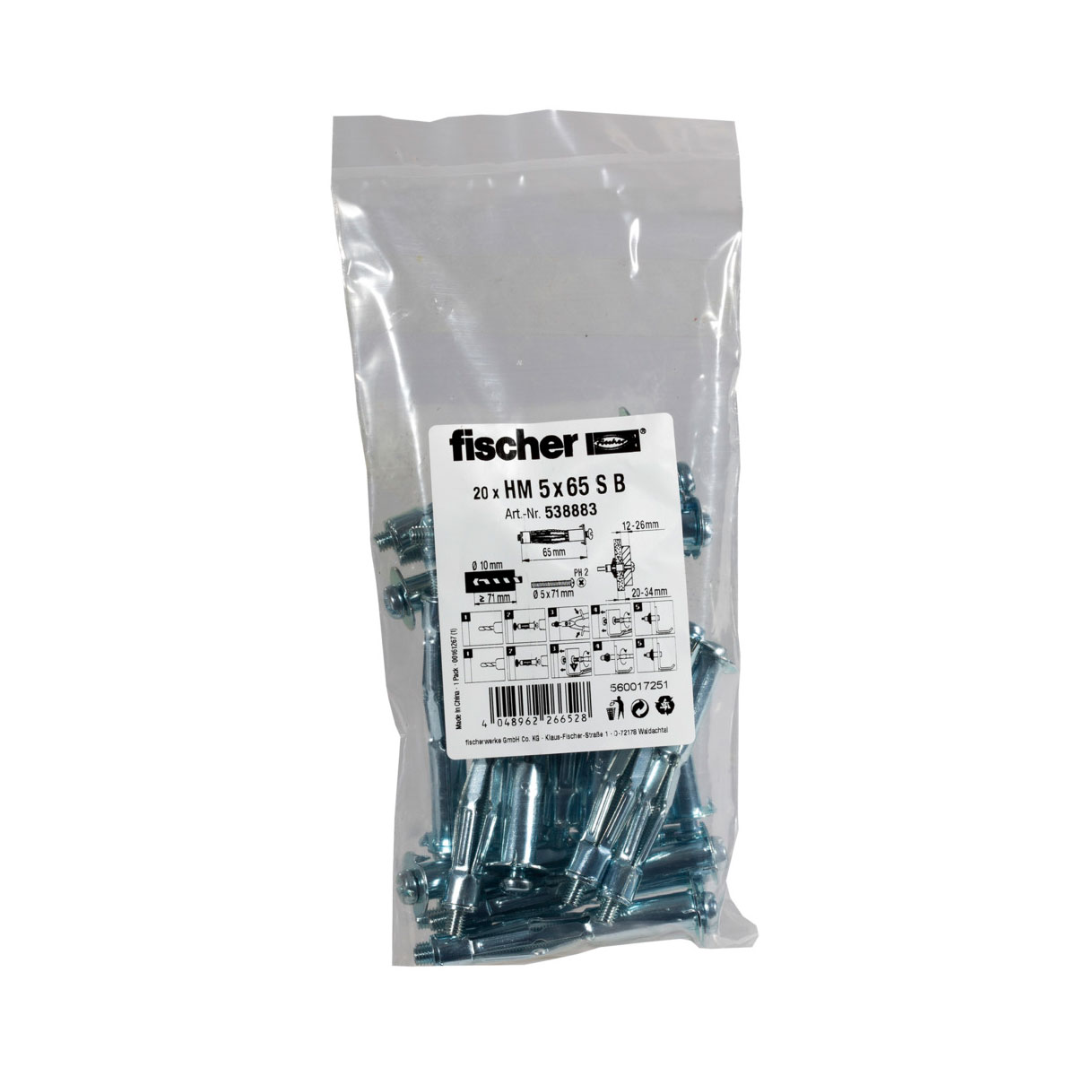 Fischer Hohlraum-Metalldübel HM 5 x 65 mm mit Schraube 20 Stück