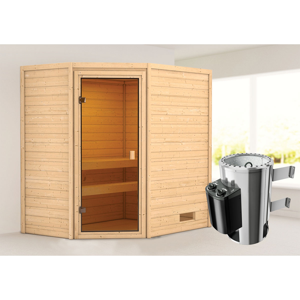 Karibu Sauna Jella 3,6 kW naturbelassen integrierte Steuerung ohne Dachkranz