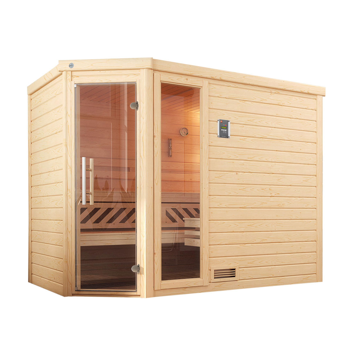 Weka Premium Massivholz-Sauna Turku Eck Größe 3 Sparset 7,5 kW Bio S Glastuer