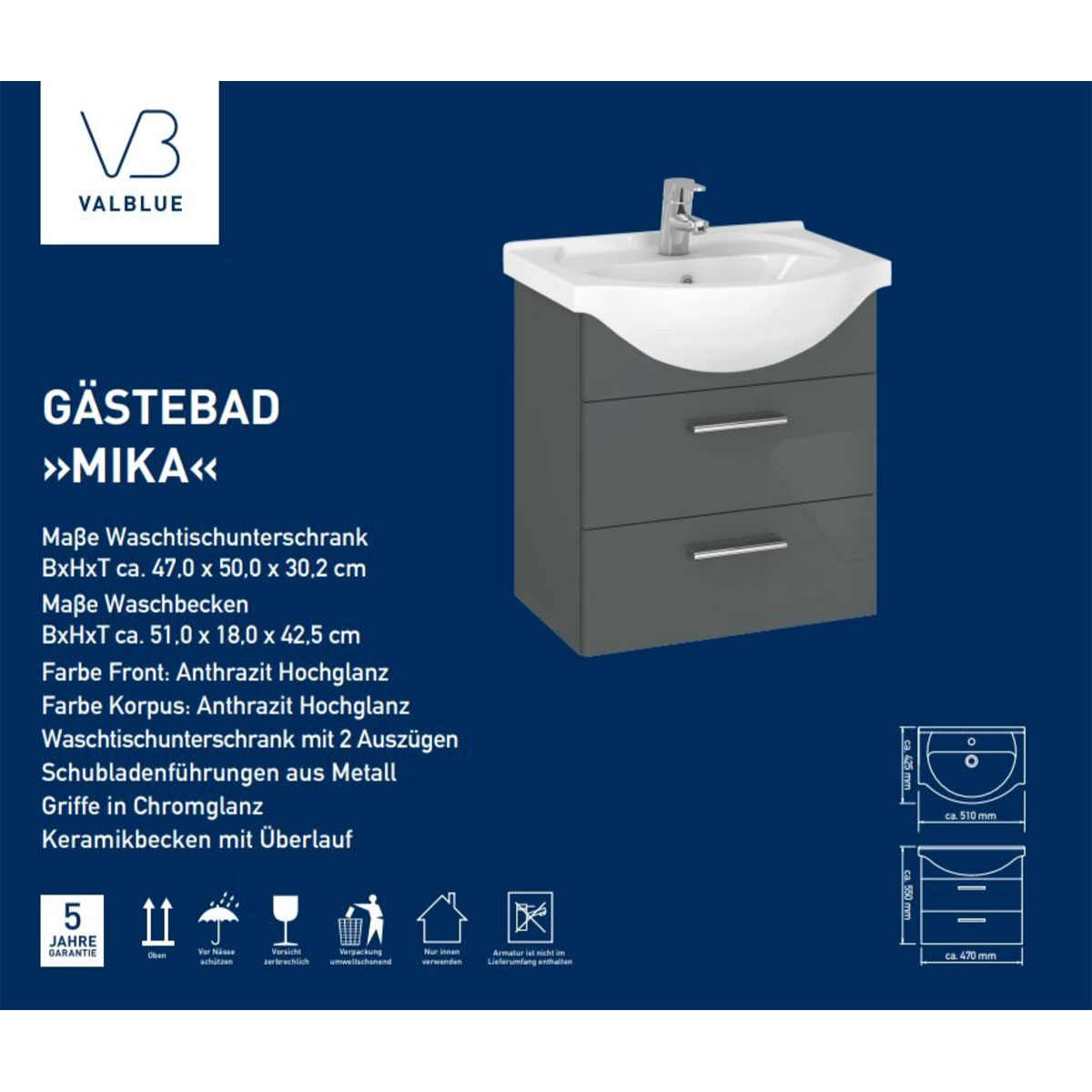Gäste Waschbeckenunterschrank Mika, anthrazit, inkl. Keramikbecken, 2 Auszüge, B51cm Bild 2