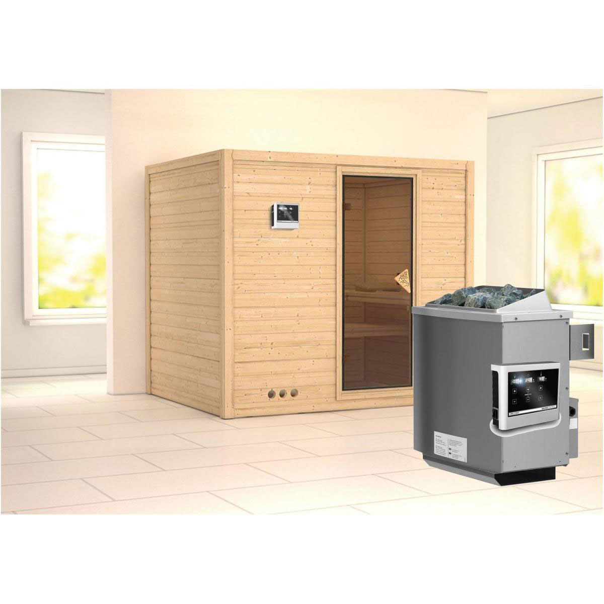 Karibu Massivholzsauna Sonara 3 40 mm 9 kW Ofen externe Strg modern ohne Kranz Bild 1