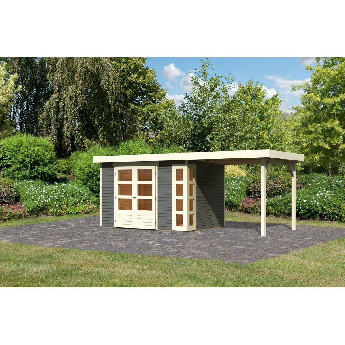 Karibu Gartenhaus-Set Kerko 4 mit Anbaudach 2,4 m terragrau