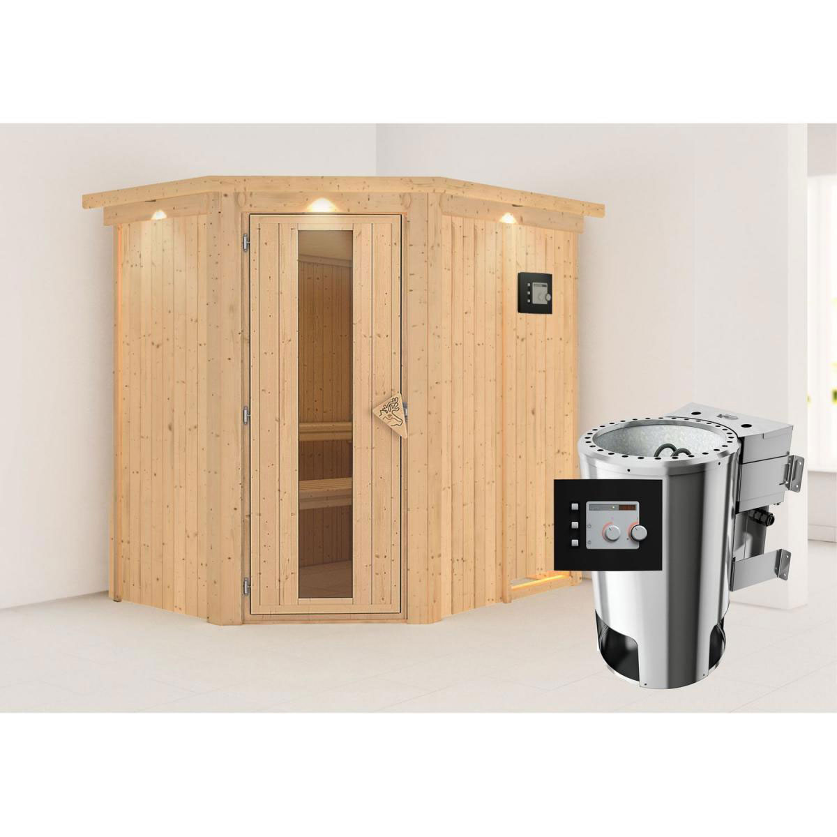 Karibu Sauna Saja Eckeinstieg 3,6 kW Bio Ofen externe Strg modern mit Kranz Energiespartür Bild 7