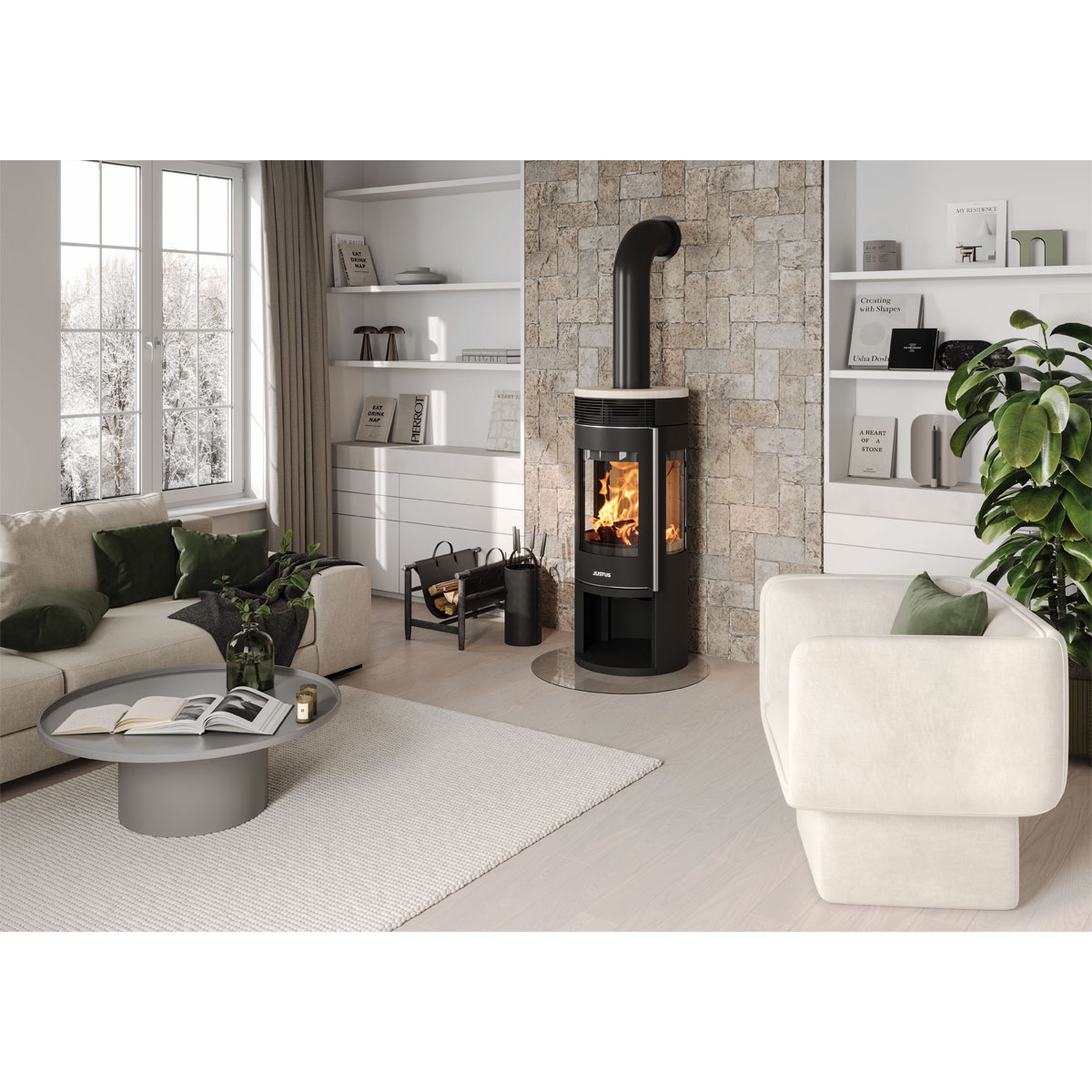 Kaminofen Mino Trios 2.0 Stahl Schwarzmit Abdeckplatte Seidenweiss Bild 3