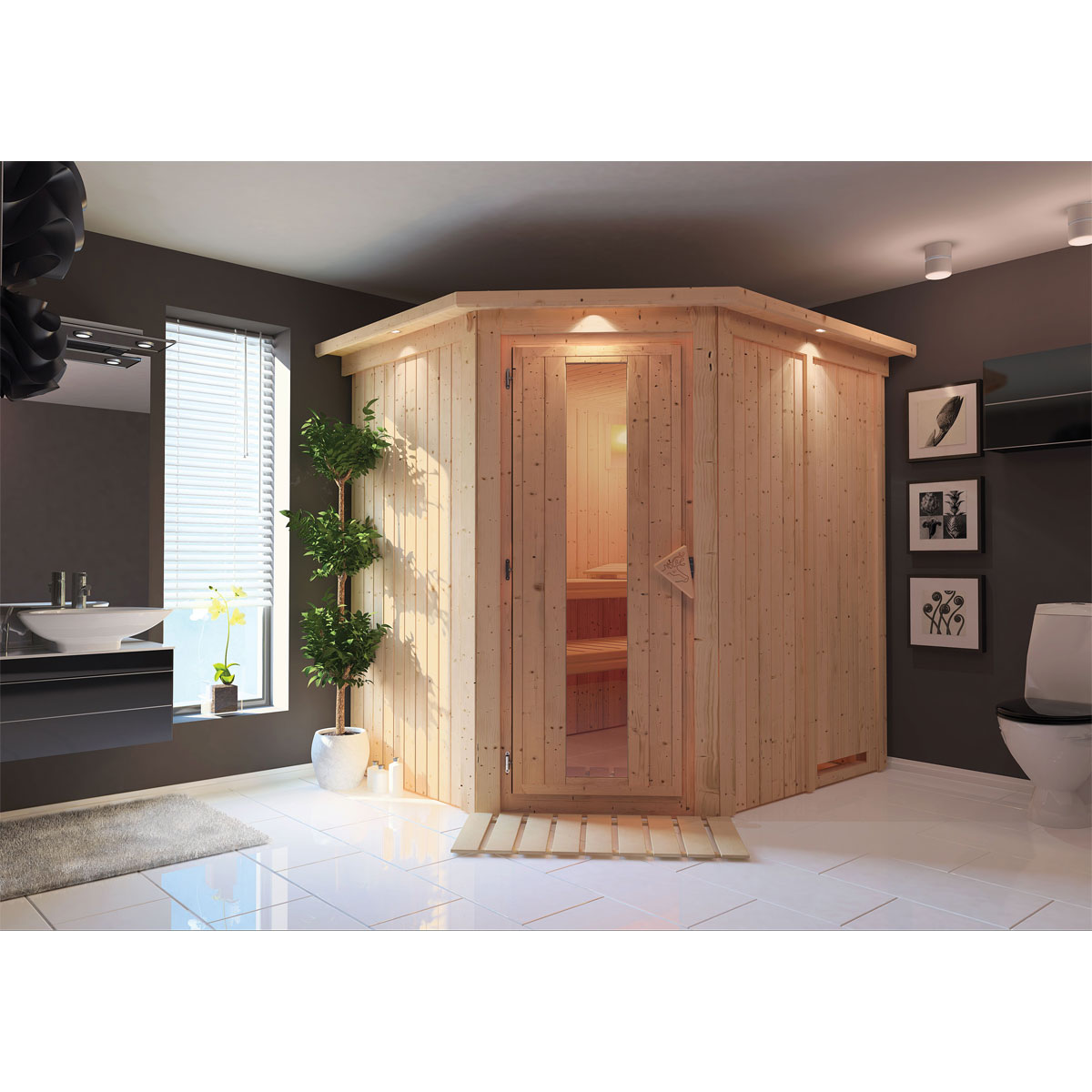 Karibu Sauna Lilja Eckeinstieg ohne Ofen mit Kranz Energiespartür