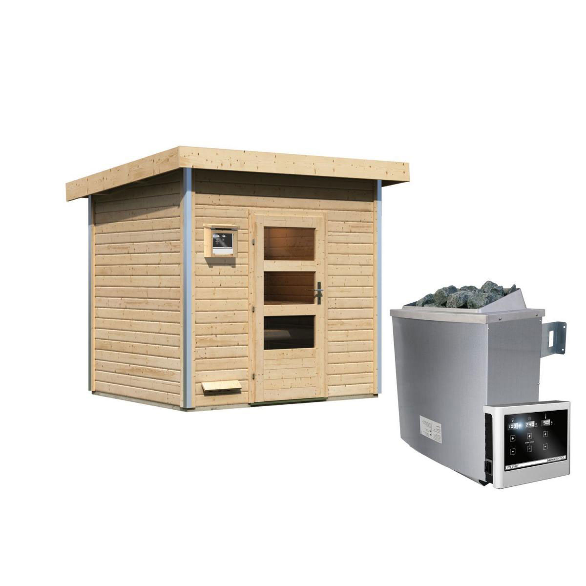 Karibu Saunahaus Norge 38 mm 9 kW Ofen externe Strg moderne Tür