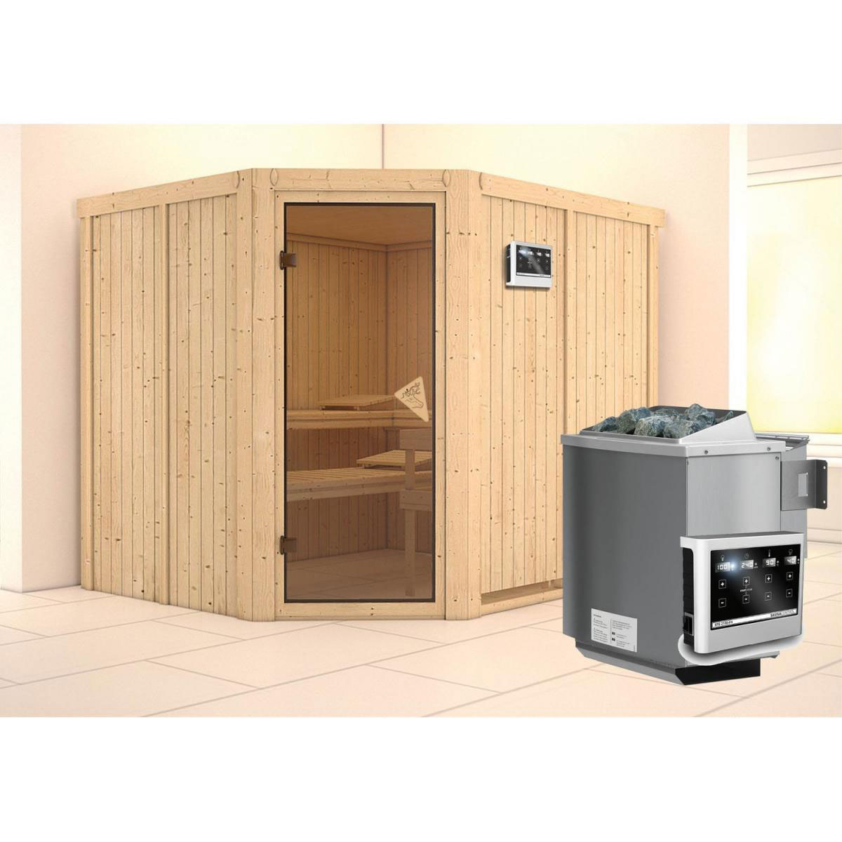 Karibu Systemsauna Malin 68 mm 9 kW Ofen Bio externe Strg ohne Dachkranz