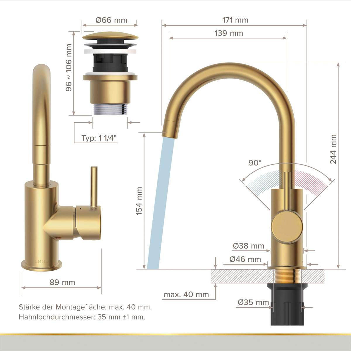 LENZ Waschtischarmatur Moana Easy-Clean Gold Bild 4