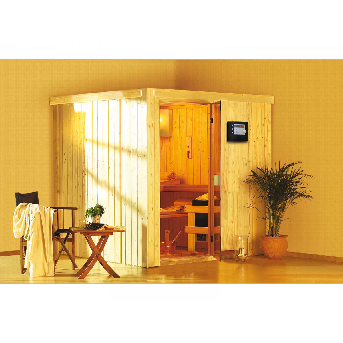 Karibu Systemsauna Rodin 68 mm 9 kW Ofen Bio externe Strg mit Dachkranz Bild 1