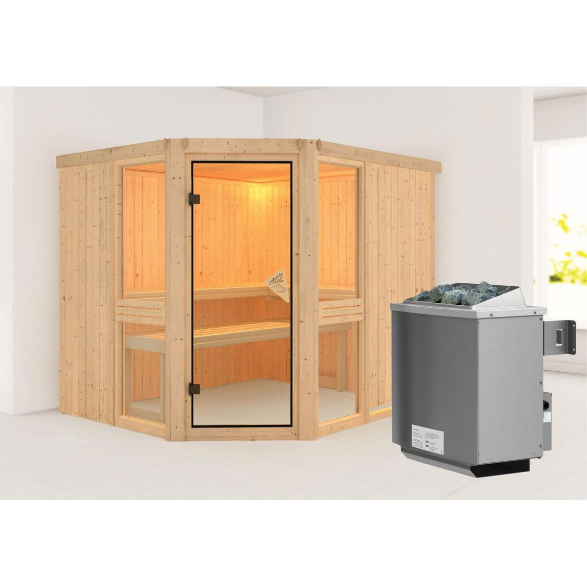 Karibu Amelia 3 Eckeinstieg 9 kW Ofen integr Strg ohne Kranz