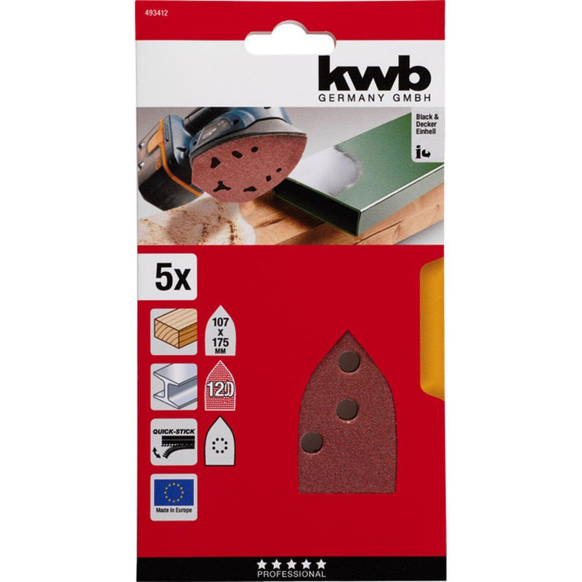 kwb  Schleifdreiecke Quick Stick Holz und Metall 107 x 175 mm K120 Bild 2