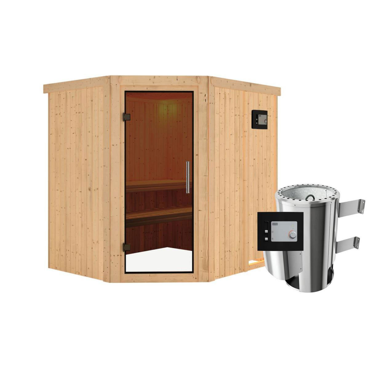 Karibu Sauna Lilja Eckeinstieg 3,6 kW Ofen externe Strg modern kein Kranz Energiespartür
