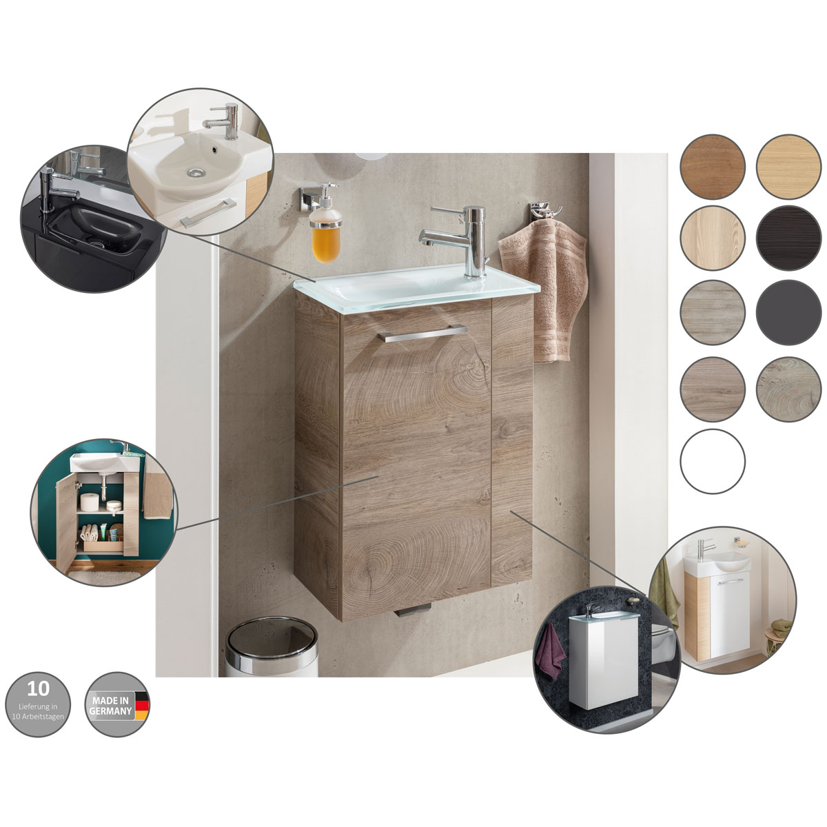 Fackelmann  Gäste-WC Waschtischunterschrank rechts SBC 440 x 600 x 243 mm AstEiche/Weiß Bild 5