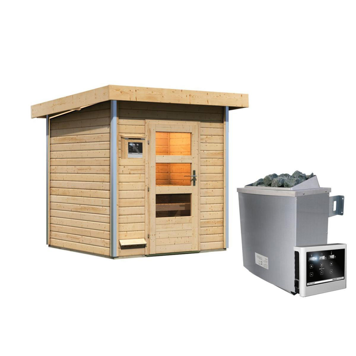 Karibu Saunahaus Torge 38 mm 9 kW Ofen externe Strg moderne Tür