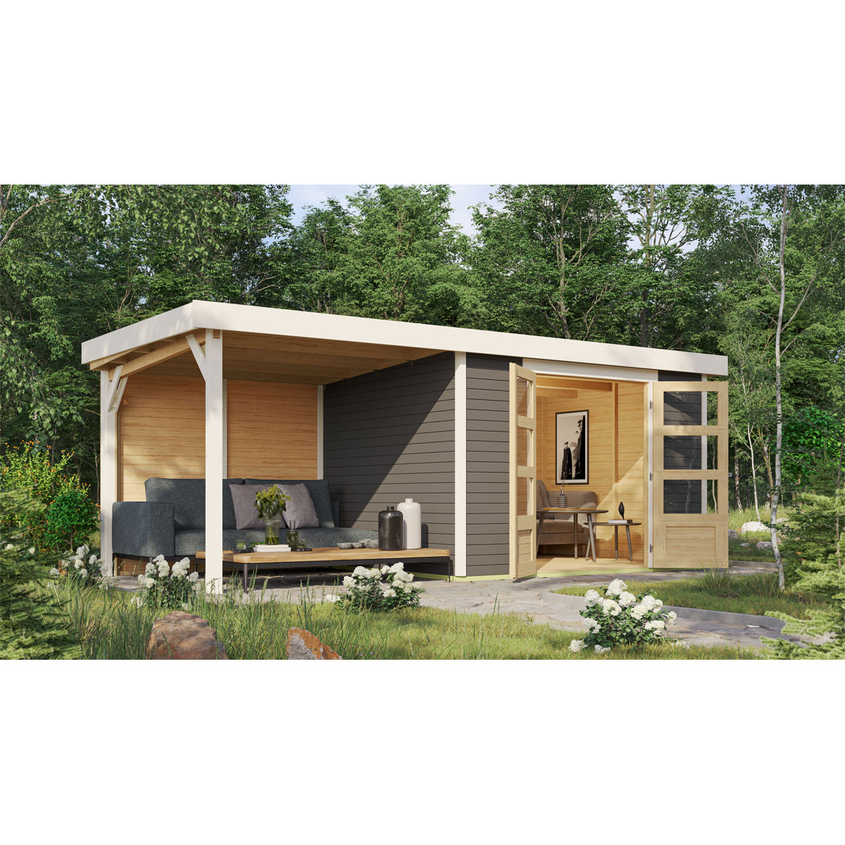 Karibu BBH Askola 5 Set mit Anbaudach terragrau