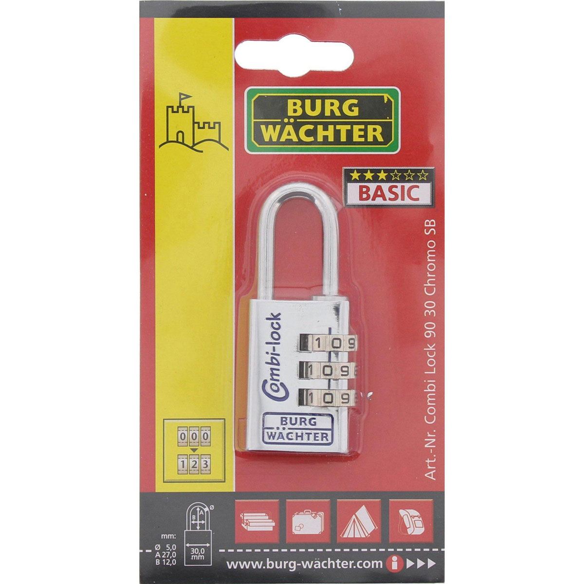 Burg Wächter Zahlen-Vorhängeschloss Combi 90 30 Chromo 30,2 x 73,7 x 15,7 mm