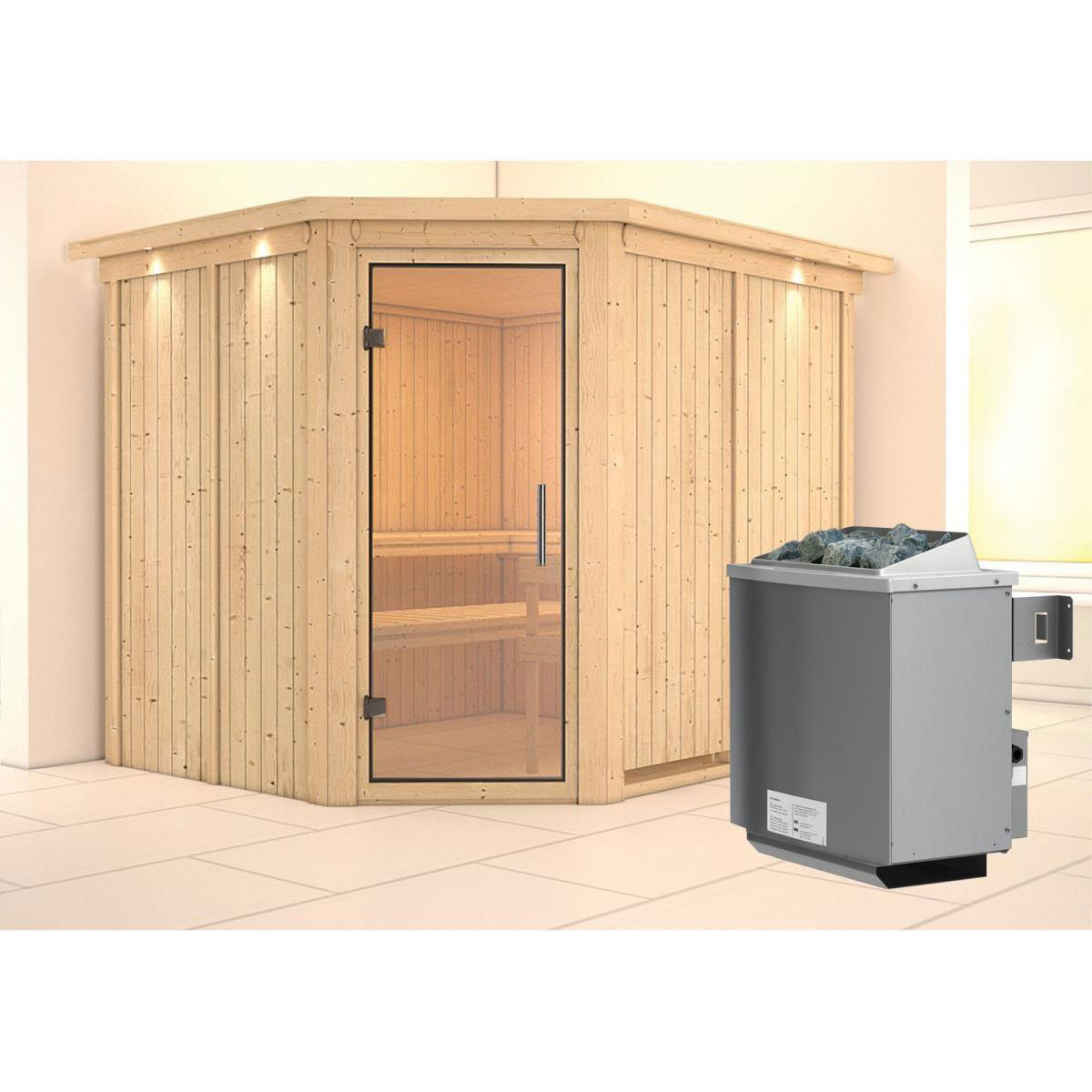 Karibu Sauna Malin Eckeinstieg 9 kW Ofen integr Strg mit Kranz Klarglas-Tür Bild 6