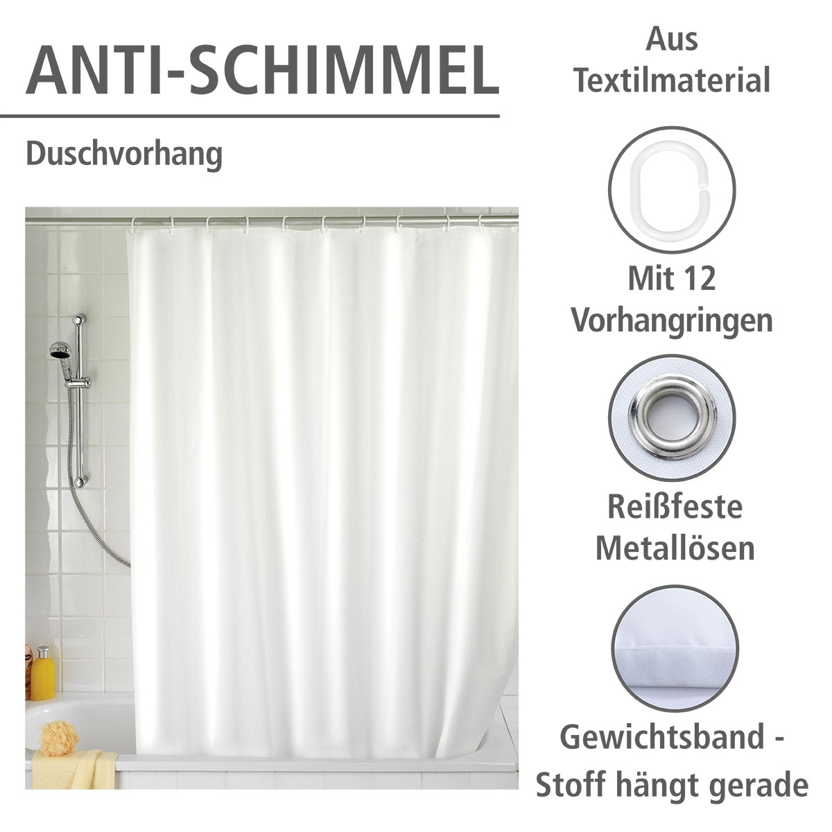 Wenko  Anti-Schimmel Duschvorhang Uni White Textil Polyester 180 x 200 cm waschbar Bild 2