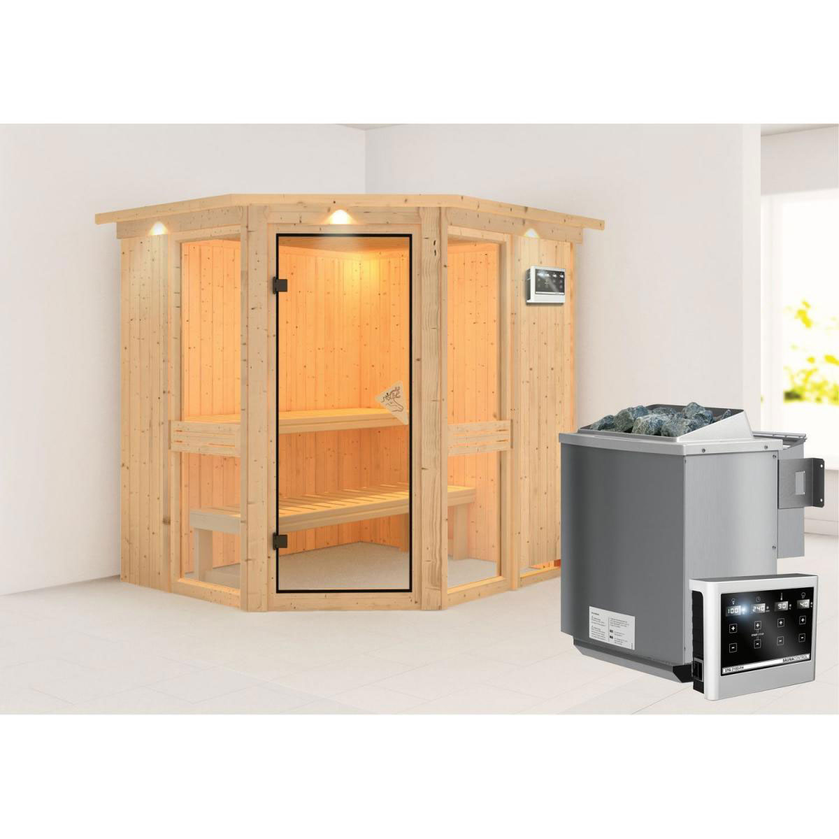 Karibu Amelia 1 Eckeinstieg 9 kW Ofen Bio externe Strg mit Kranz Bild 2