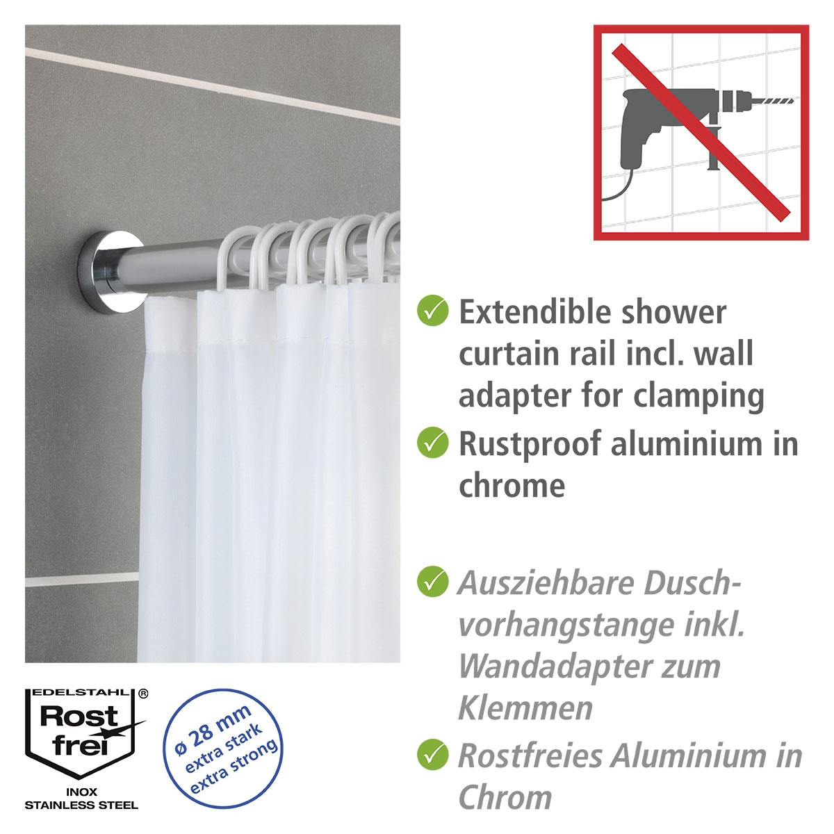 Wenko Teleskop-Duschstange Luz 70 - 115 cm Chrom Ausziehbare Duschvorhangstange aus rostfreiem Edelstahl