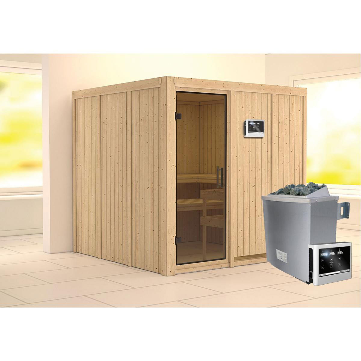Karibu Sauna Rodin Fronteinstieg 9 kW Ofen externe Strg modern Tür graphit ohne Kranz Bild 1