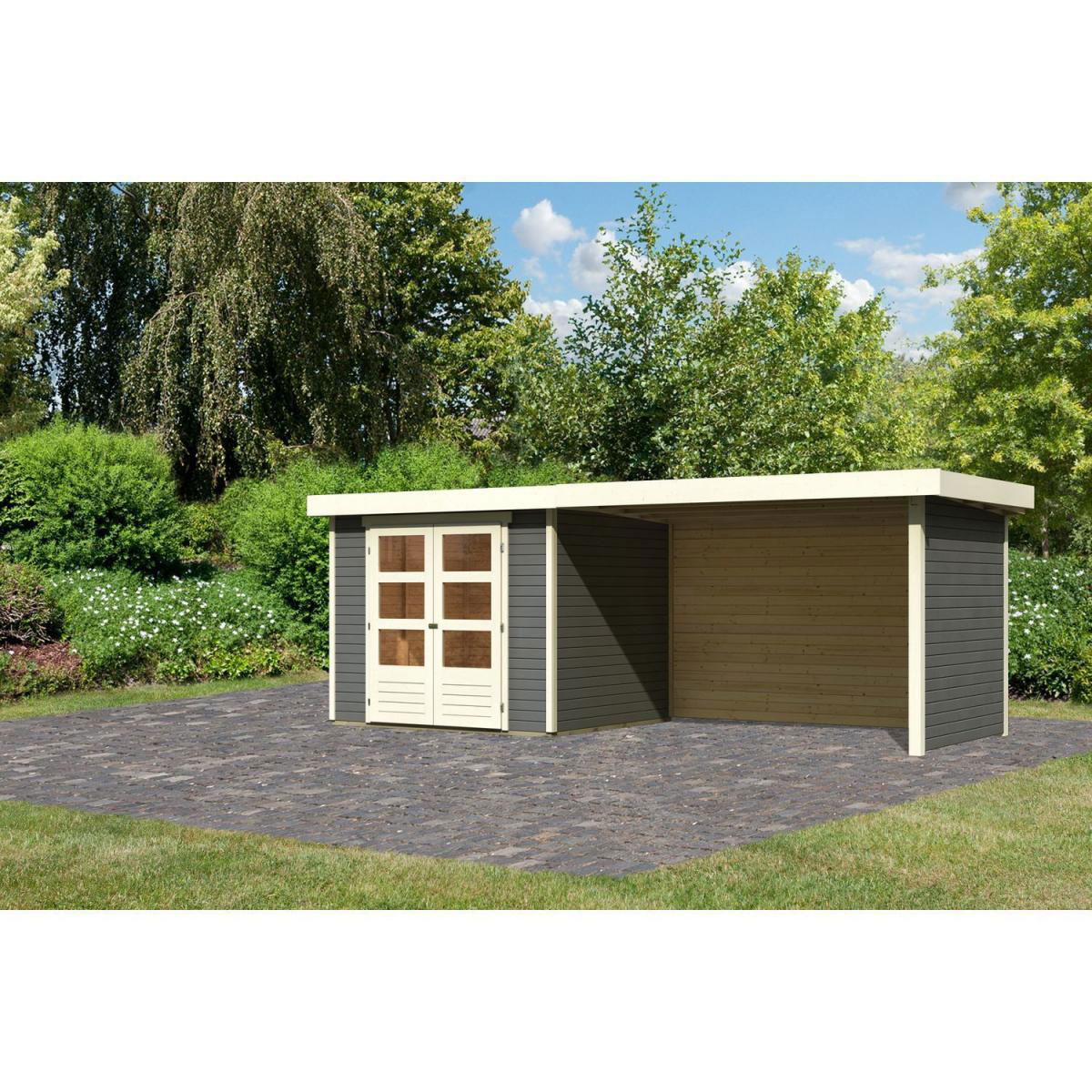 Karibu Gartenhaus-Set Askola 3 mit Anbaudach 2,80 m mit Seiten- und Rückwand terragrau