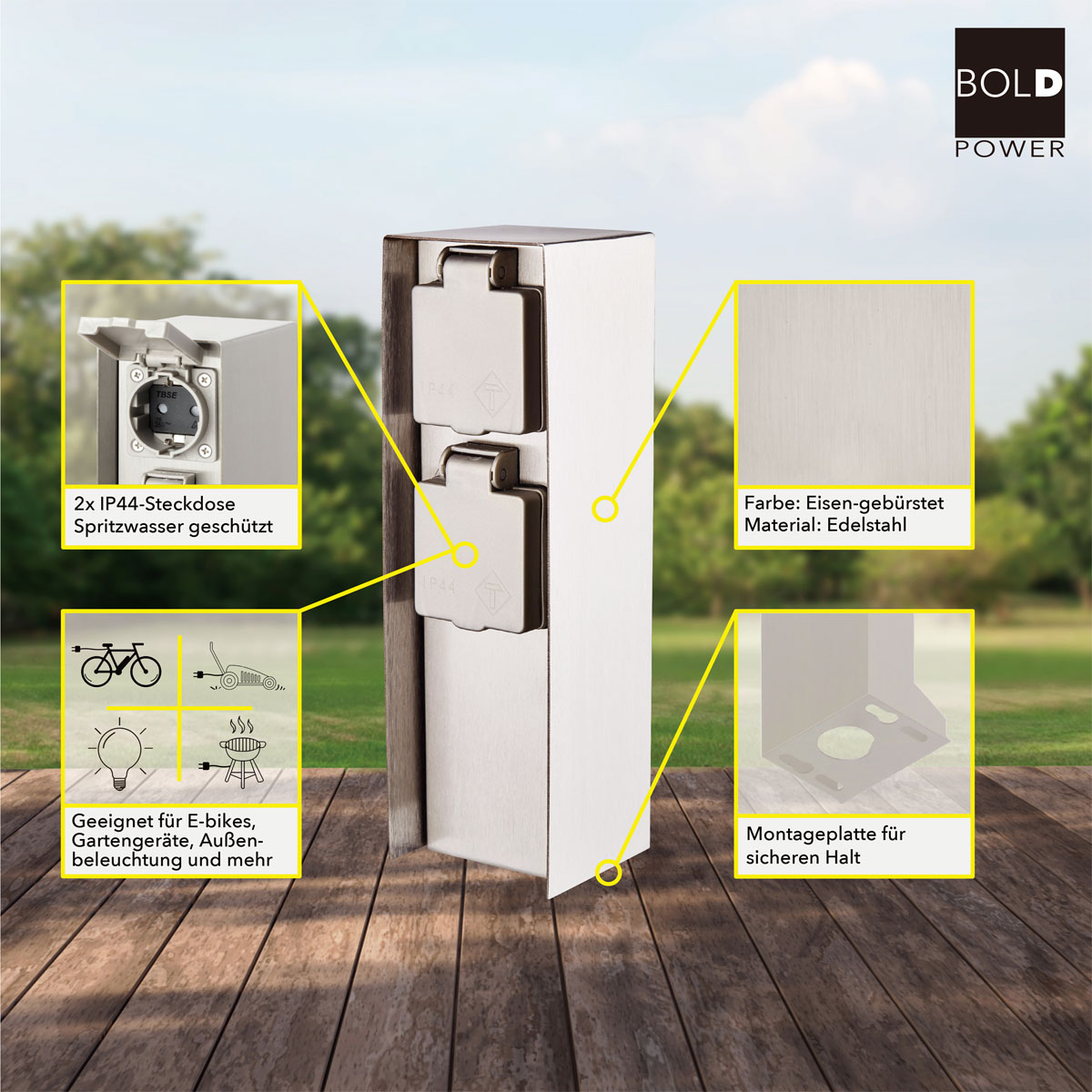 Steckdosensäule ORIO 2fach IP44 Eisen-gebürstet Bild 4