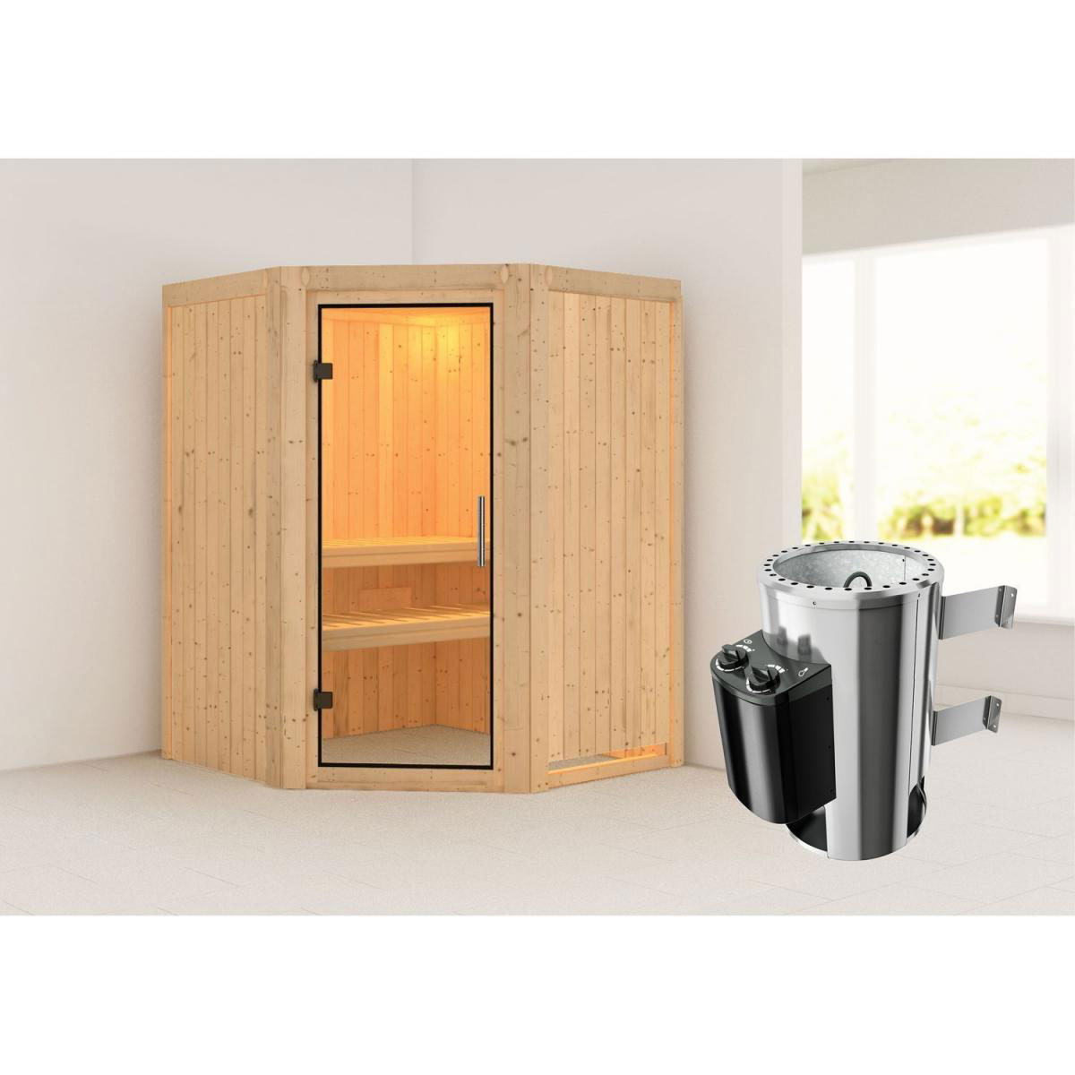 Karibu Sauna Nanja Eckeinstieg 3,6 kW Ofen integr Strg kein Kranz Klarglas-Tür Bild 5