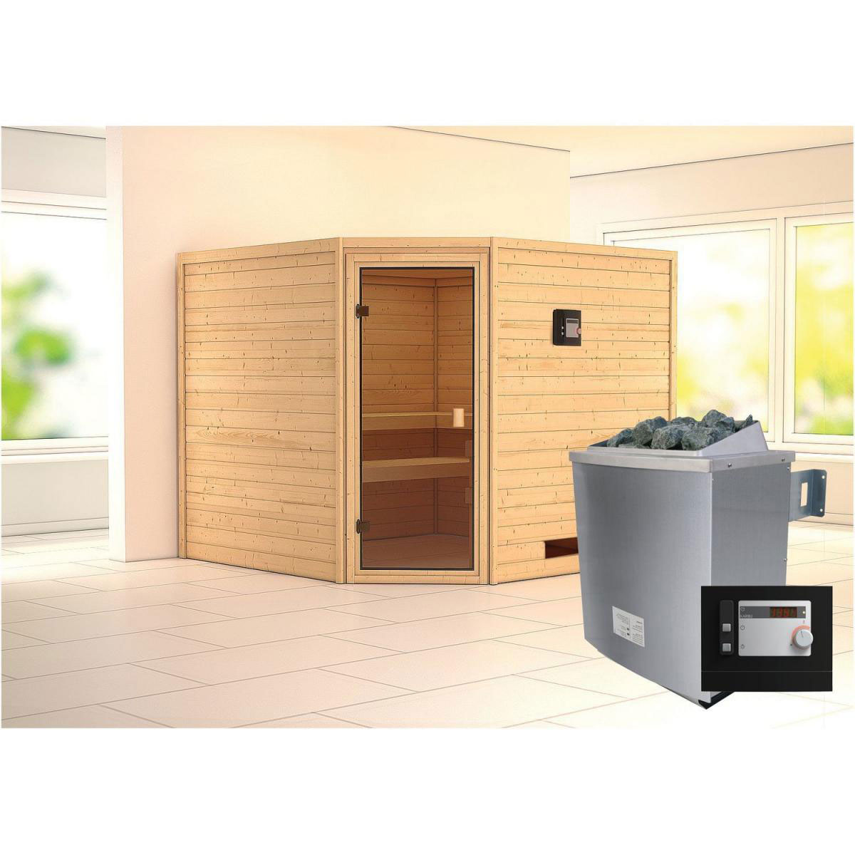 Karibu Sauna Leona Eckeinstieg 9 kW Ofen externe Strg modern kein Kranz bronzierte Glastür Bild 6
