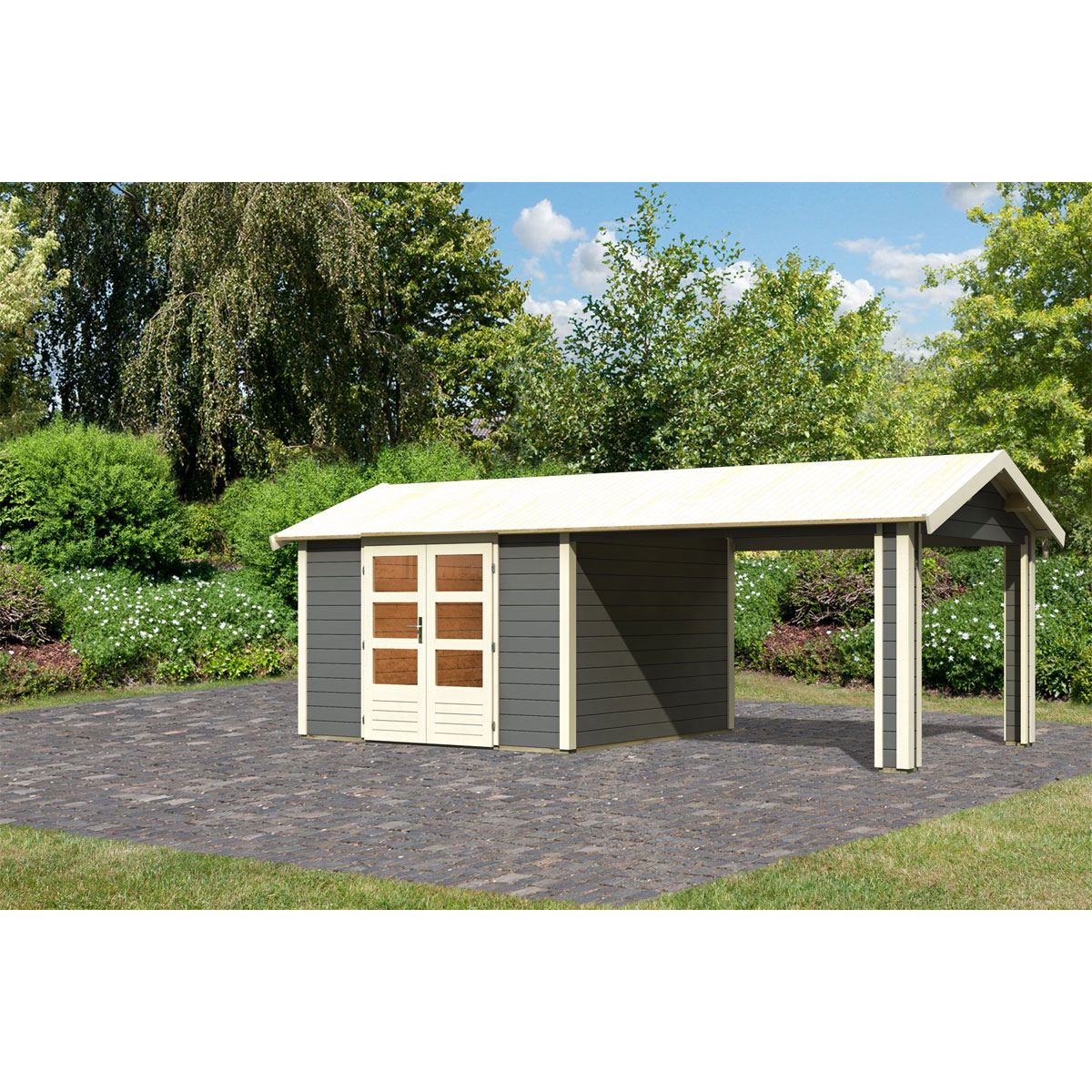 Karibu  Blockbohlenhaus Theres 7 terragrau mit Dachausbauelement