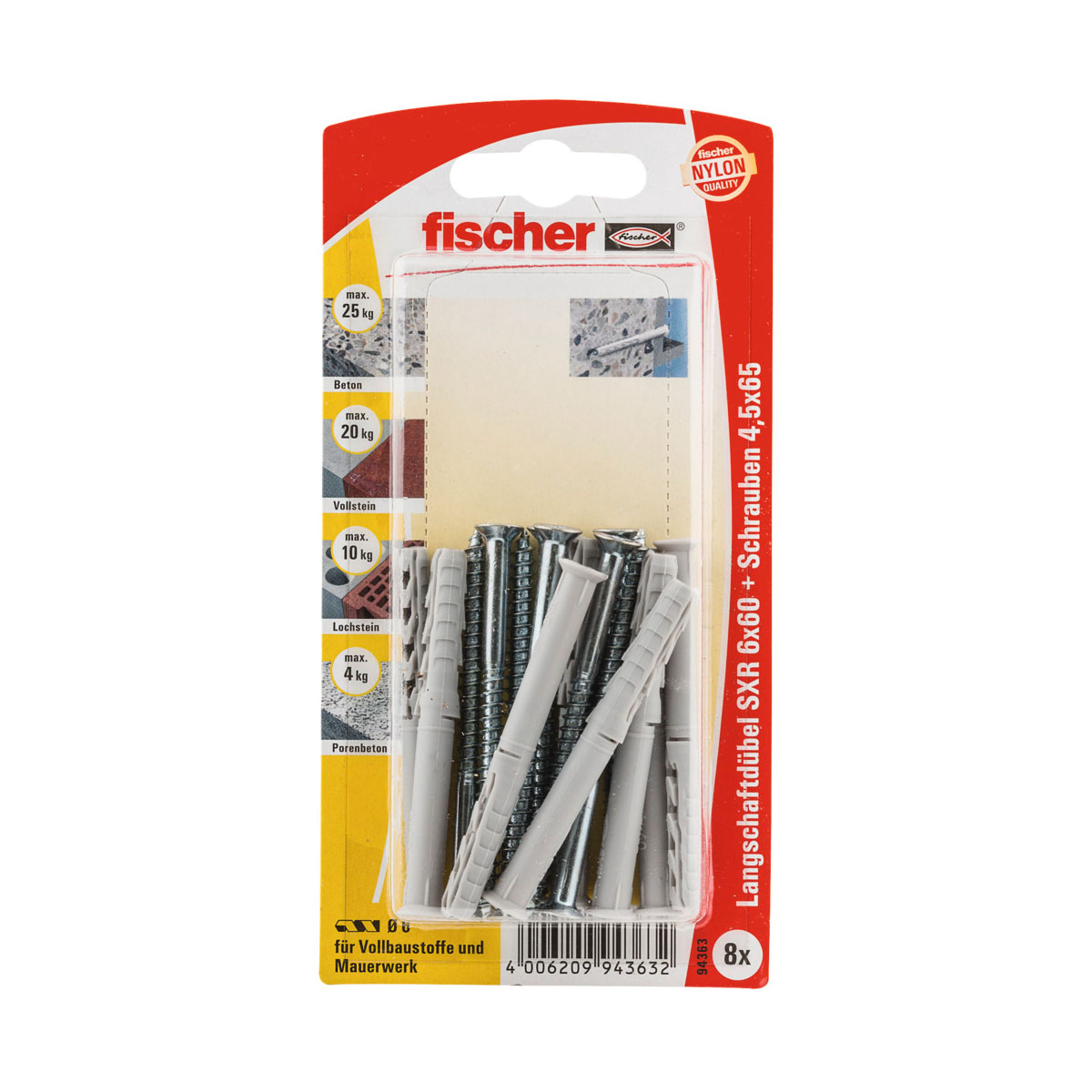 Fischer Langschaftdübel SX 6 x 60 mm mit Senkkopfschraube 8 Stück