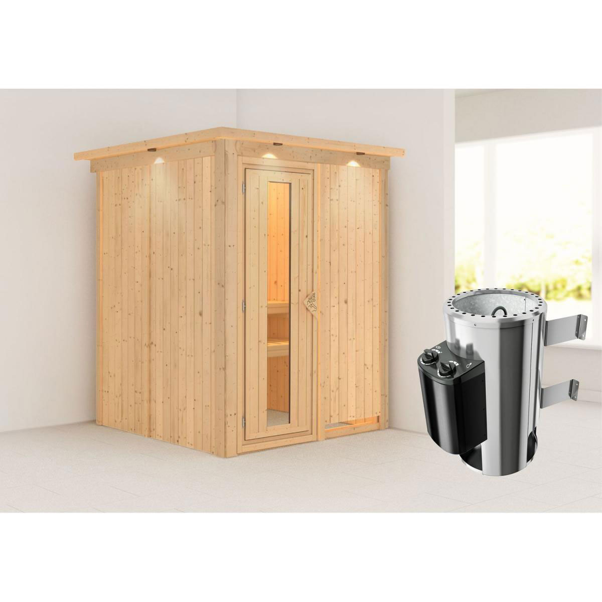 Karibu Sauna Minja Fronteinstieg 3,6 kW Ofen integr Strg mit Kranz Energiespartür Bild 6