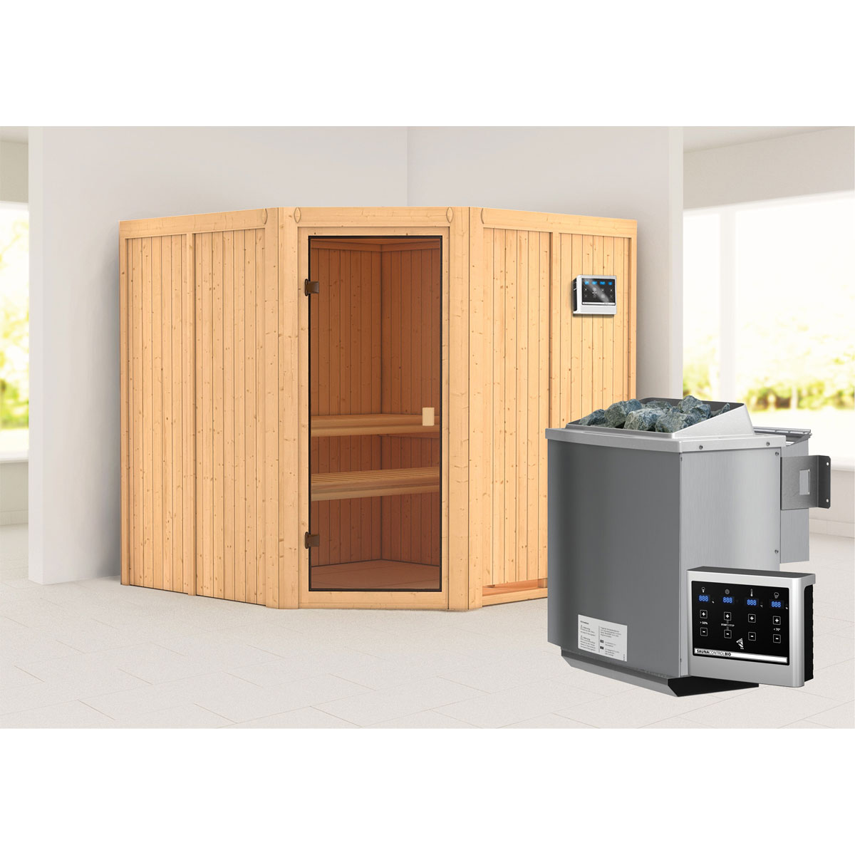 Karibu Sauna Kotka naturbelassen Bio externe Steuerung