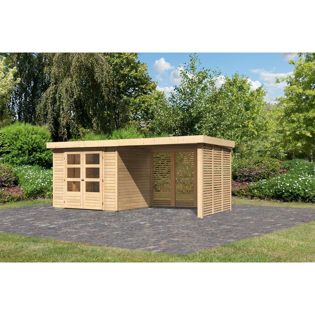 Karibu BBH Askola 3 Set mit Anbaudach naturbelassen